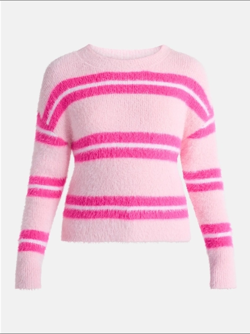 No Boundaries Pink Fuzzy Crewneck Sweater with Hot Pink Stripes Size XL (16-18) - Picture 5 of 8